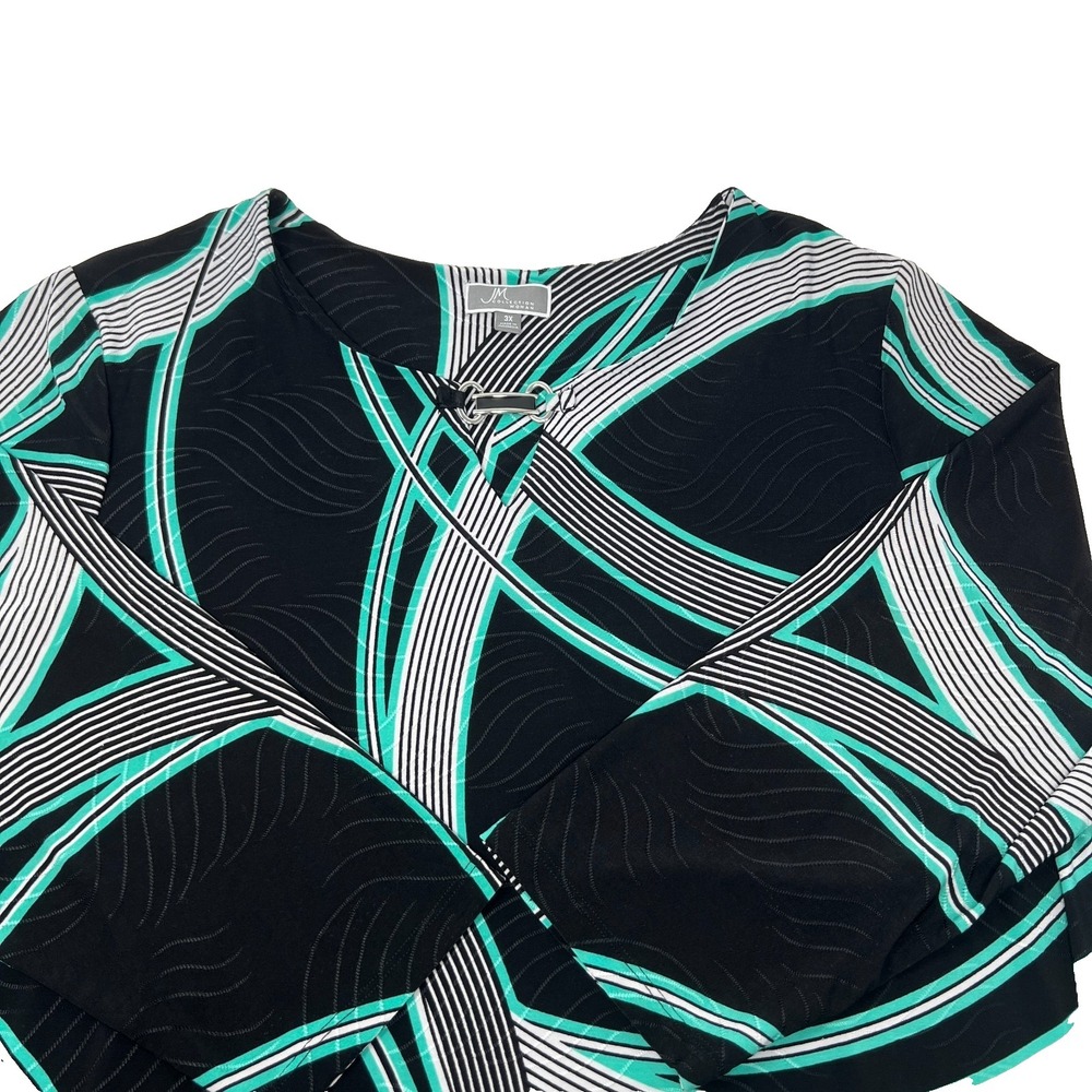 JM Collection Woman Black Green Print 3/4 Sleeve Shirt Tunic Top Plus Size 3X